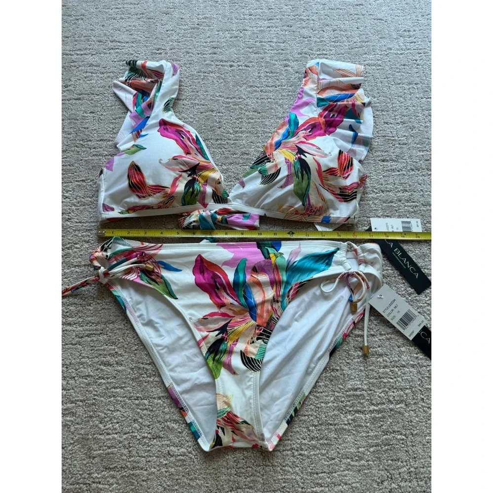 La Blanca Bikini Set Women 16 Multicolor NWT Floral Ruffle Tropical Swimsuit